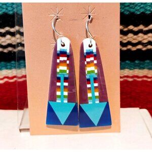 Southwestern Micro Inlay Rainbow Mosaic Dangle Earrings
